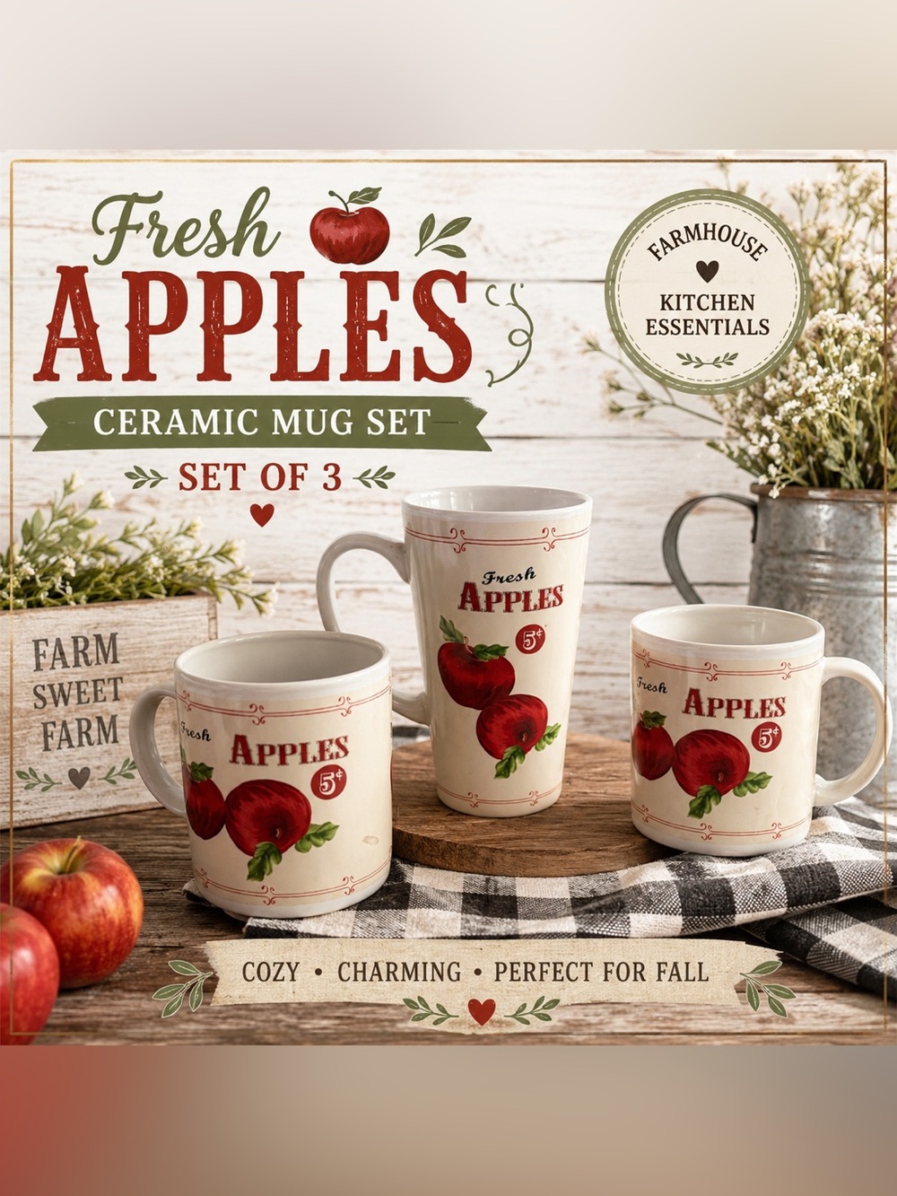 Set of 3 Fresh Apples Ceramic Coffee Mugs | Farmhouse Kitchen Coffee & Latte Cup